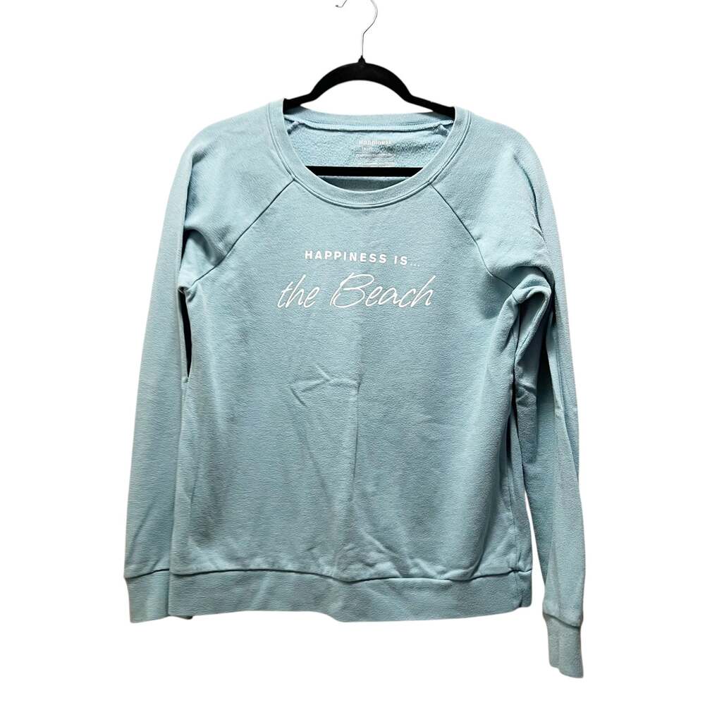 Happiness Is... the Beach Teal Blue Crew Neck Pullover Sweatshirt Size Medium